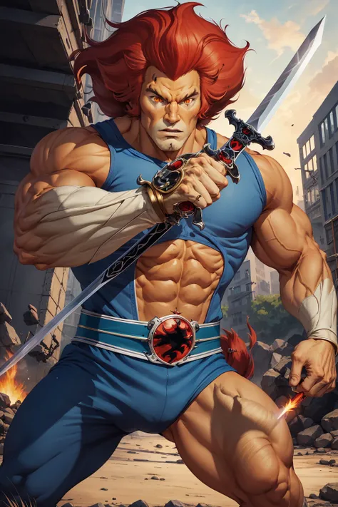 cartoon,best quality, masterpiece, detailed,
lion-oQuiron character, 1boy, red hair, rampage,   blue outfit,  using sword,  fight, action pose, <lora:quiron_lion-o_v2_Lora:0.77>