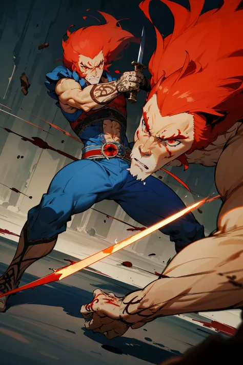 best quality, masterpiece, detailed, best shadow, (Dutch angle:1.1), lightroom, cinematic, (intricate:1.4), 
lion-oQuiron character, 1boy, red hair, rampage,   damage blue outfit,  using sword,  fight, action pose, blood, violence, gore, dymanic, moviment,...