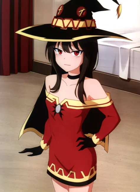 batman adventures, parody, megumin, 1girl, bare shoulders, black cape, black gloves, black hair, blush, cape, choker, collarbone, dress, hair between eyes, hat, long sleeves, looking at viewer, medium hair, off-shoulder dress, off shoulder, red dress, red ...