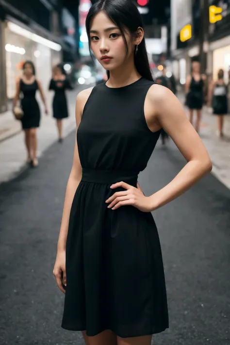 a woman in a black dress standing on a city street