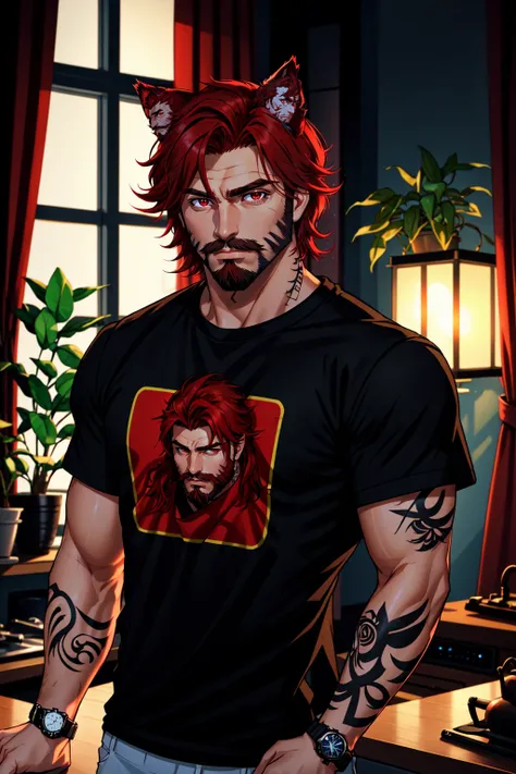 1boy, male focus, solo, mature male, red eyes, red hair, stubble, facial hair, animal ears, tattoo, beard, band tshirt, black t-shirt, watch, wristwatch, window, plant, curtains, studio lighting, side lighting, lamp, kitchen, standing against the counter, ...