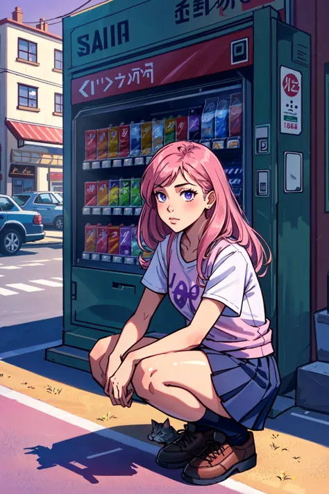 masterpiece, best quality, 1girl, vending machine, cat, wide shot, solo, squatting, short sleeves, skirt, building, shop, shoes, pink theme, shirt, long hair, shadow, purple theme, convenience store, can