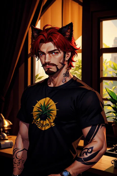 1boy, male focus, solo, mature male, red eyes, red hair, stubble, facial hair, animal ears, upper body, tattoo, beard, freckles, short sleeves, band shirt, black t-shirt, watch, wristwatch, window, plant, curtains, studio lighting, side lighting, lamp, kit...