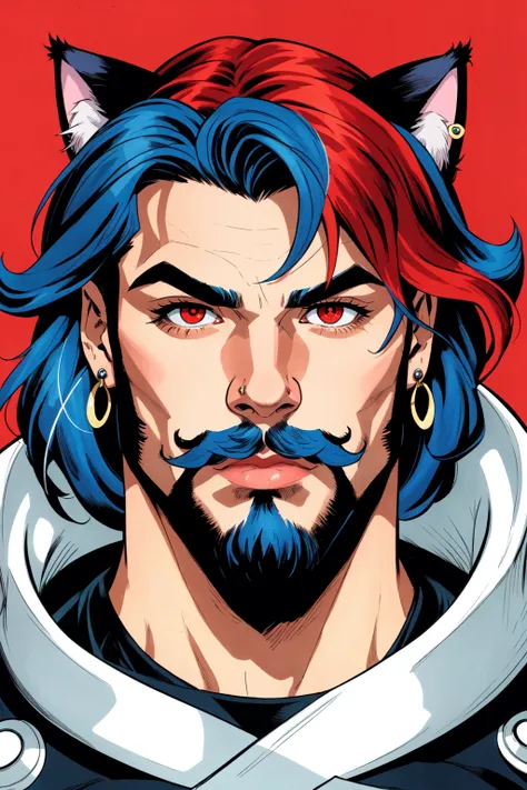 solo, looking at viewer, red eyes, 1boy, animal ears, jewelry, closed mouth, blue hair, male focus, red hair, earrings, cat ears, streaked hair, facial hair, piercing, ear piercing, portrait, beard, mustache, extremely detailed, by Jack Kirby, Adam Hughes ...