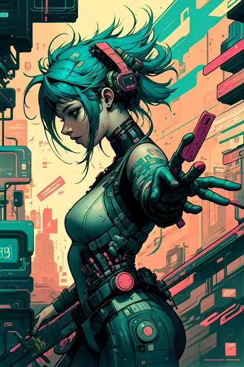 a woman with a gun in a futuristic city