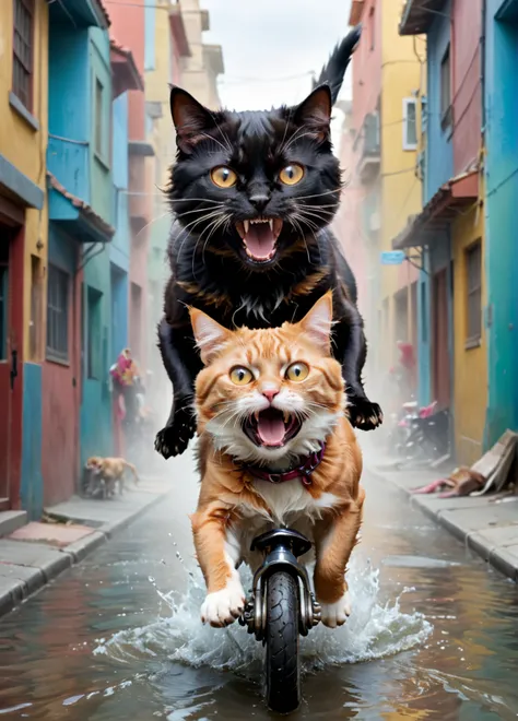 there is a cat riding on the back of a motorcycle with a cat on the back