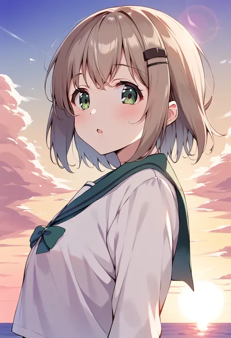 anime girl with green eyes and a white shirt standing in front of the ocean