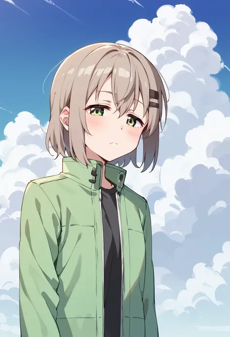 a woman in a green jacket standing in front of a cloudy sky