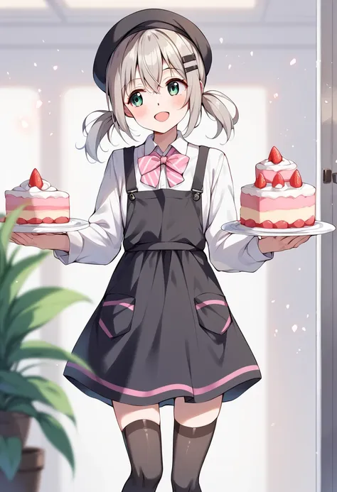 anime girl holding a tray with a cake and a strawberry on it