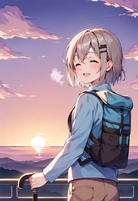 anime girl with backpack and walking stick looking at the sunset