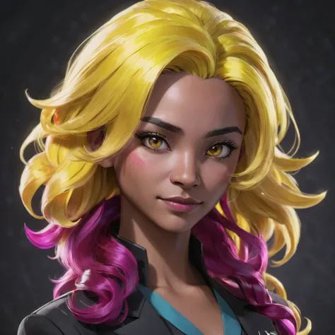 solo character portrait, young woman, hair: iridescent  yellow hair with magenta highlights, Loose Curls, nationality: Antiguan, doctor, dark background<lora:EnvyCharacterPortraitHelperXL01:1.0>