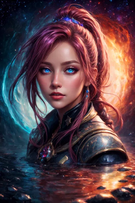 8k portrait, Queen of Chaos, melting into a magical puddle of stars, beautiful eyes, dreadlocks in a ponytail, vibrant colors,  highly detailed, digital painting, Style-Gravitymagic,  artstation, concept art, smooth, sharp focus, illustration, Unreal Engin...