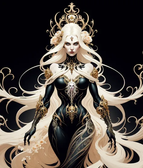 (skeleton like:0.4), ((female ornate goddess)), (with white long flowing hair), (bright beautiful eyes), trending on artstation,...