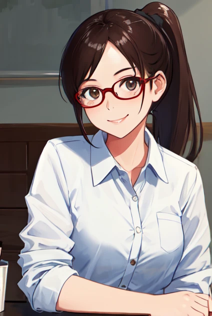 masterpiece, best quality, american clothes, 1girl, solo, ponytail, widesmile, eyeglasses,