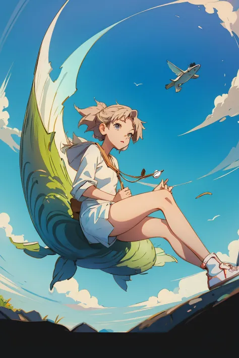 1 girl,   floating on the sky, sitting pose  
style of Ghibli 
fisheye camera,
<lora:epiNoiseoffset_v2:1>