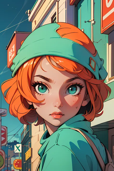 (artwork:1.3), (masterpiece:1.4), (detailed eyes:1.2), (perfect face), (cinema lighting), artistic tones, (illustrative cinematic), (pop art), (1girl) short orange hair, green eyes, emerald, wearing sweatshirt, night city background<lora:more_detail:1.4>, ...