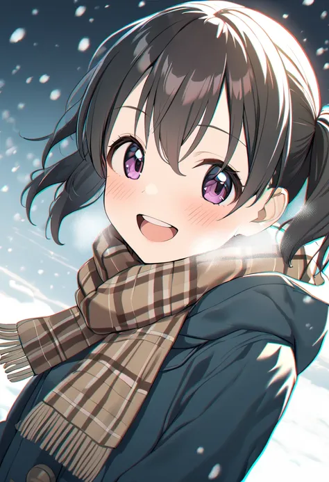 anime girl with scarf and scarf around her neck in the snow