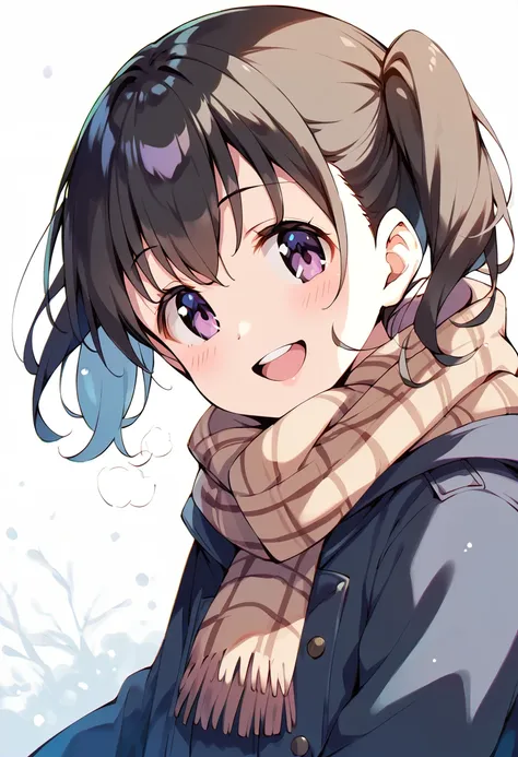 score_9, score_8_up, score_7_up, best quality, masterpiece, source_anime BREAK
1girl, kuraue hinata, solo, twintails, open mouth, black hair, purple eyes, smile, looking at viewer, plaid scarf, :d, blush, upper body, breath, white background, fringe trim, ...