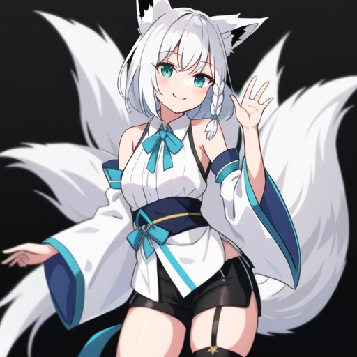 2d, masterpiece, best quality, anime, highly detailed eyes, highly detailed face, cowboy shot, feet out of frame, 1girl, solo, standing, smile, waving, studio background, black background, <lora:shirakami fubuki 2:0.7> shirakami fubuki, fubuki, hololive, v...