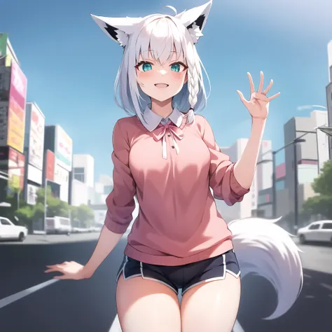 2d, masterpiece, best quality, anime, highly detailed eyes, highly detailed face, cowboy shot, feet out of frame, 1girl, solo, standing, smile, waving, tokyo (city), highly detailed background, <lora:shirakami fubuki 2:0.7> shirakami fubuki, fubuki, hololi...