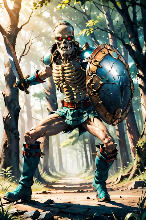 Stalfos_Zelda_OOT, (sword, swinging sword),  skeleton, armor, red eyes, ribs, belt, boots, spikes, shield,  looking intense, action pose, outside, forest, natural lighting, extreme detail, masterpiece,  <lora:Stalfos_Zelda_OOT_Anime_Dim32:.7>