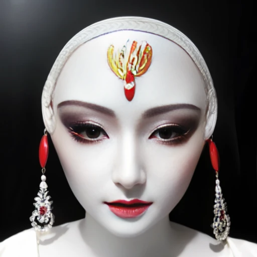 bestquality,masterpiece,highres,chinadress,hairornament,necklace,jewelry,Beautifulface,full_body,tyndalleffect,photorealistic,darkstudio,rimlighting,twotonelighting,(highdetailedskin:1.2),8kuhd,dslr,softlighting,highquality,mju, a white mask with a red eye...