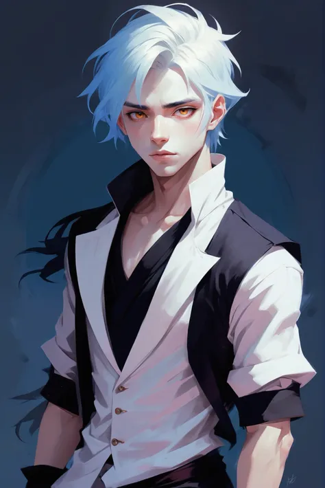 soft digital painting, smooth blending, anime style, (full body:1.2), 1boy, man, masculine, solo, [:fantastical costume design,:0.2] alchemist, albino, deep darkslateblue hair, (average:1.3) build<lora:EnvyStarlightJourneysEnd01:1>