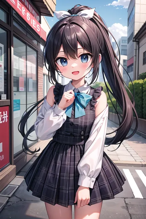 anime girl in school uniform posing for a picture on the street