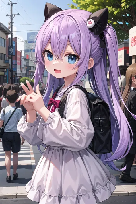 anime girl with purple hair and a backpack on a city street