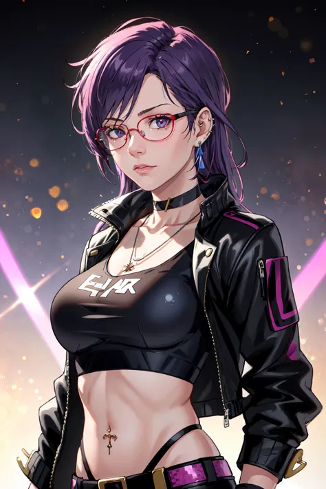 cyberpunk style, 1girl, solo, long hair, looking at viewer, simple background, gloves, white background, jewelry, jacket, upper body, purple hair, earrings, glasses, choker, fingerless gloves, crop top, v, piercing, sunglasses, fishnets, round eyewear, tin...