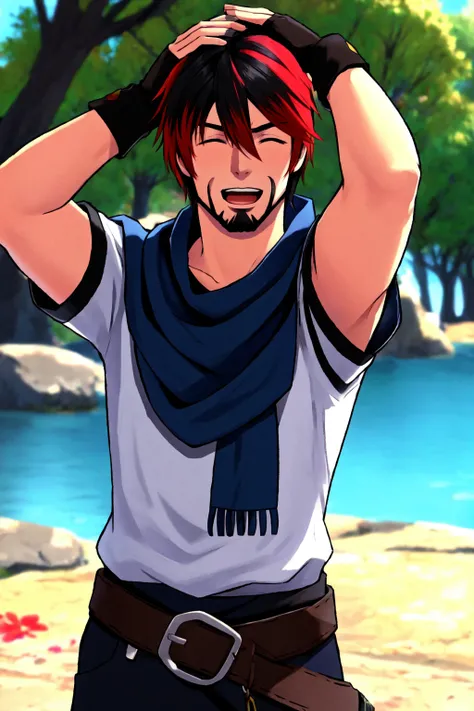 Khitli Locar, arms up, bangs, black scarf,blurry background, closed eyes, facial hair, fingerless gloves, fruit, gloves, goatee, hair between eyes, hands on own head, hyur, jewelry, multicolored hair, necklace, open mouth, outdoors, red hair, scarf, shirt,...