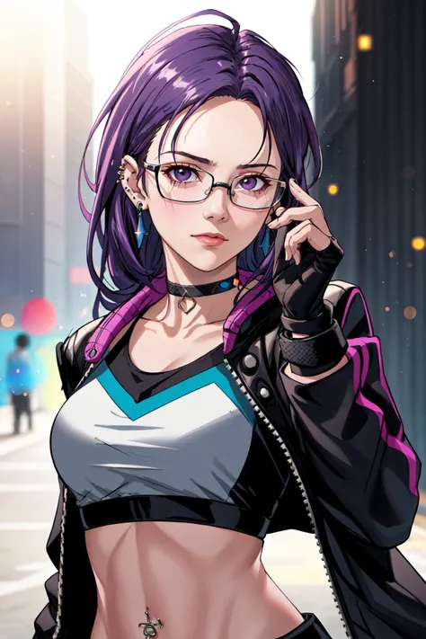 cyberpunk style, 1girl, solo, long hair, looking at viewer, simple background, gloves, white background, jewelry, jacket, upper body, purple hair, earrings, glasses, choker, fingerless gloves, crop top, v, piercing, sunglasses, fishnets, round eyewear, tin...