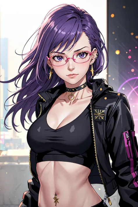 cyberpunk style, 1girl, solo, long hair, looking at viewer, simple background, gloves, white background, jewelry, jacket, upper body, purple hair, earrings, glasses, choker, fingerless gloves, crop top, v, piercing, sunglasses, fishnets, round eyewear, tin...