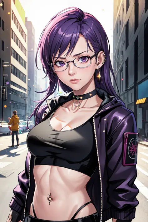 cyberpunk style, 1girl, solo, long hair, looking at viewer, simple background, gloves, white background, jewelry, jacket, upper body, purple hair, earrings, glasses, choker, fingerless gloves, crop top, v, piercing, sunglasses, fishnets, round eyewear, tin...