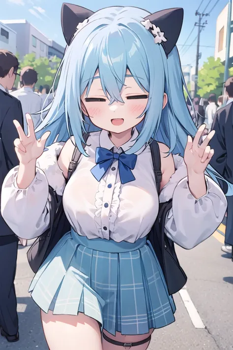 anime girl with blue hair and a cat ears posing for a picture