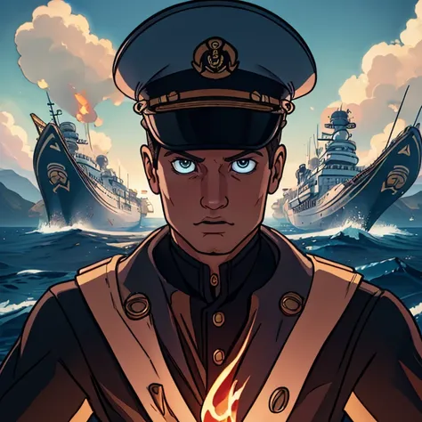 a cartoon of a man in a uniform standing in front of a ship