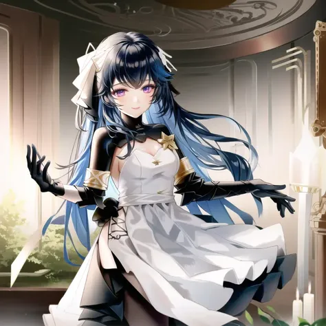 1girl, masterpiece, highest quality, best quality, , highly detailed, best illustration, glowing hair, ray tracing, semi realistic,  <lora:Selena1:0.8>, Selena_wht, dress, white dress, smile, holding instrument, flute