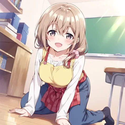 anime girl kneeling on the floor in a classroom with a chalkboard