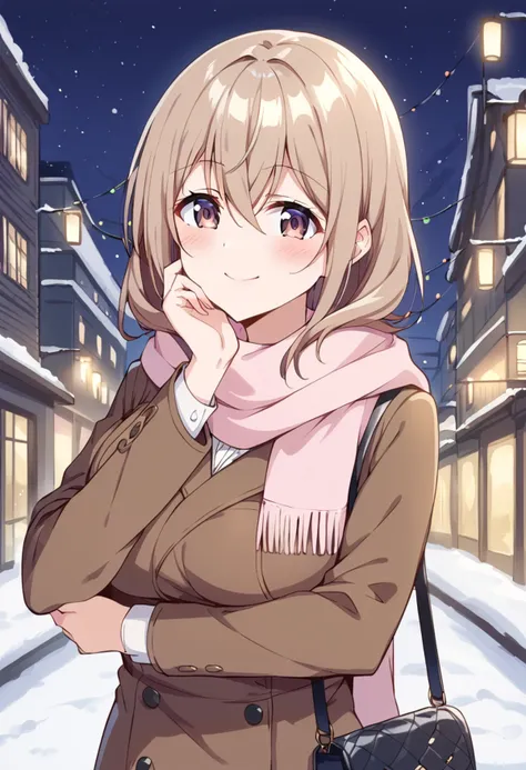 anime girl in winter clothes standing in a snowy street