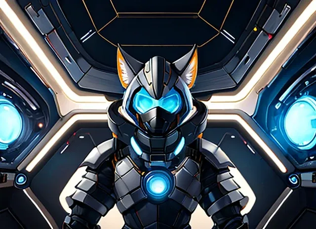 a close up of a robot with glowing eyes standing in front of a futuristic structure