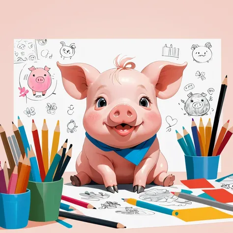 image type of illustration showing a cute pig with a pencil tucked behind its ear, surrounded by colorful sketches and doodles on a desk, capturing the charm of a creative little piglet in an art studio.