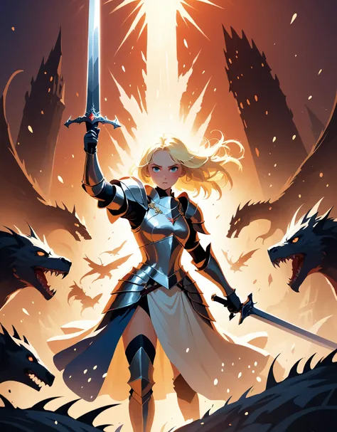 An illustration of a brave blonde princess knight holding a legendary sword, a fierce battle,
Uplifting,
A swarm of dismembered monsters,
Dramatic and powerful strokes,
light particles ,
fantastic scenery