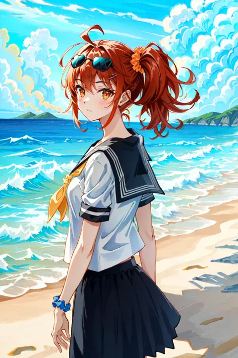 a woman in a sailor outfit standing on a beach next to the ocean