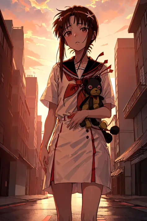 anime girl in uniform walking down a city street with a teddy bear