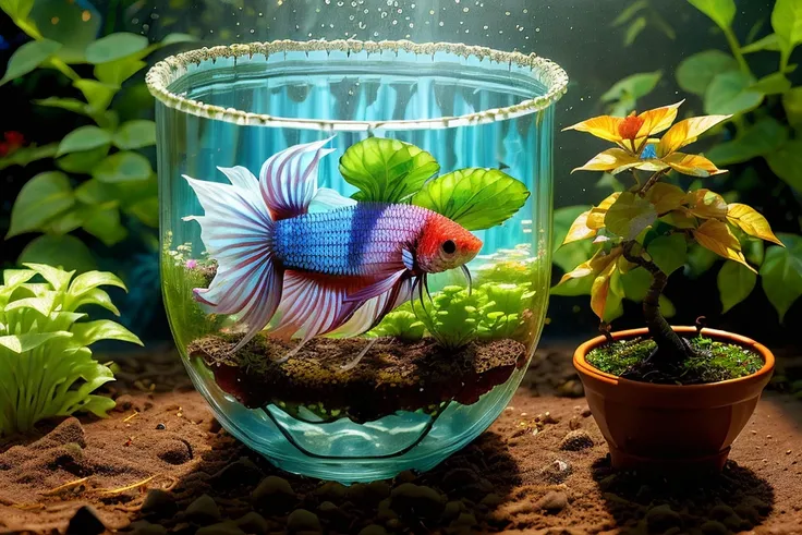 (((garden in a glass cup))), bonsai, cyber fish rainbow color detailed (betta splendens) on water, fully-organic, utopia <lora:BiophyllTech-20:0.80>