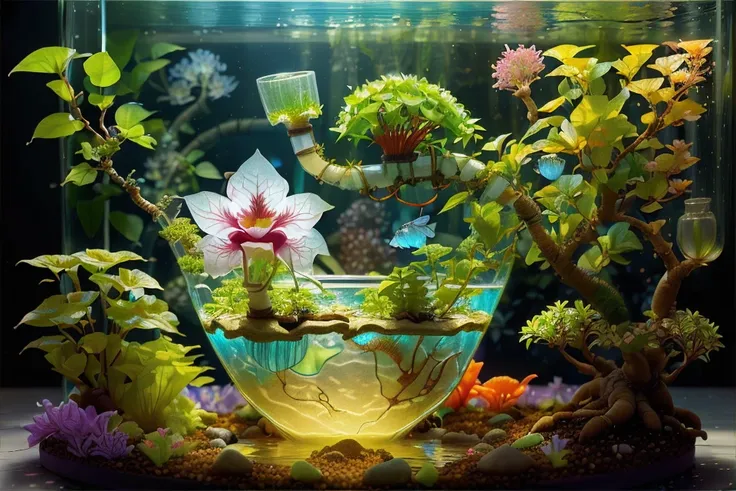 (((garden in a glass cup))), utopia, bonsai, water flowers, fully-organic cyber fish rainbow color detailed (betta splendens) on water, scifi <lora:BiophyllTech-20:0.80>