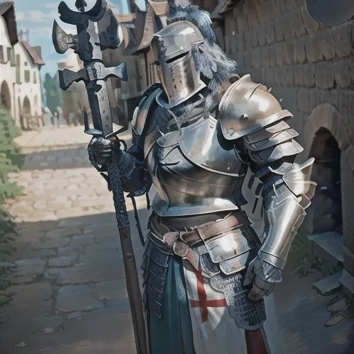 an heavyknight, standing in front  of medieval village, holding a mace,waering armor, tabar,  full-length photo, 70mm lens, symmetrical, posing, sharp, textured skin,  realistic,intricated detailed, detailed gauntlet ,(perfect fingers:1.2),  photographed b...