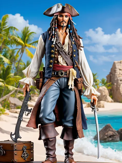 arafed pirate with a sword and a chest on a beach