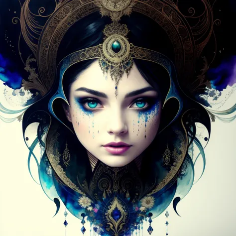 Colorful beautiful woman: Black ink flow: 8k resolution photorealistic masterpiece: by Aaron Horkey and Jeremy Mann: intricately detailed fluid gouache painting: by Jean Baptiste Mongue: calligraphy: acrylic: watercolor art, professional photography, natur...