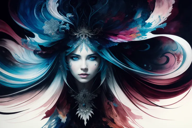 Colorful beautiful woman: Black ink flow: 8k resolution photorealistic masterpiece: by Aaron Horkey and Jeremy Mann: intricately detailed fluid gouache painting: by Jean Baptiste Mongue: calligraphy: acrylic: watercolor art, professional photography, natur...